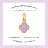 Tiny Jewels Gold and purple pendant on a white background with text about Tiny Jewels Pendants.