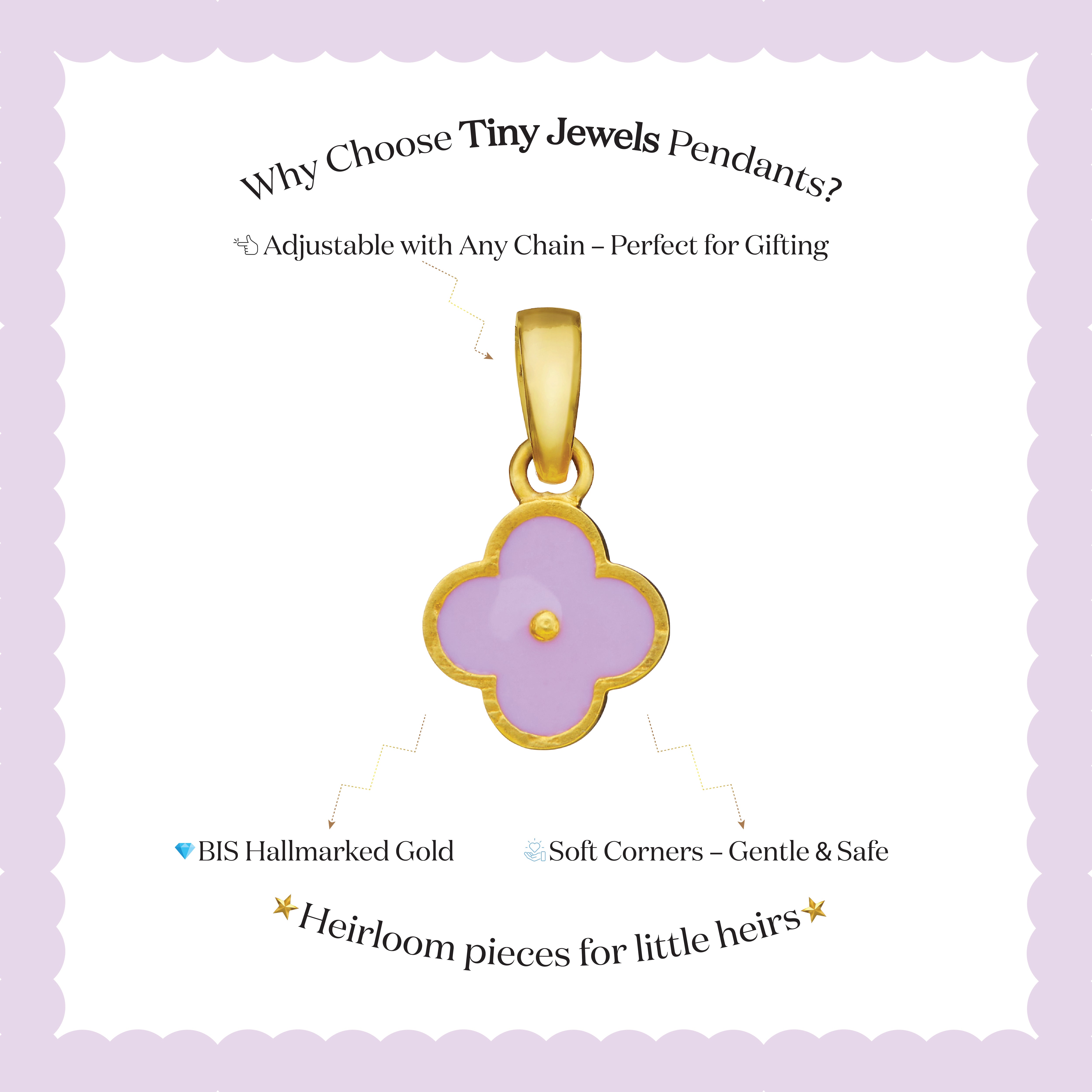 Tiny Jewels Gold and purple pendant on a white background with text about Tiny Jewels Pendants.