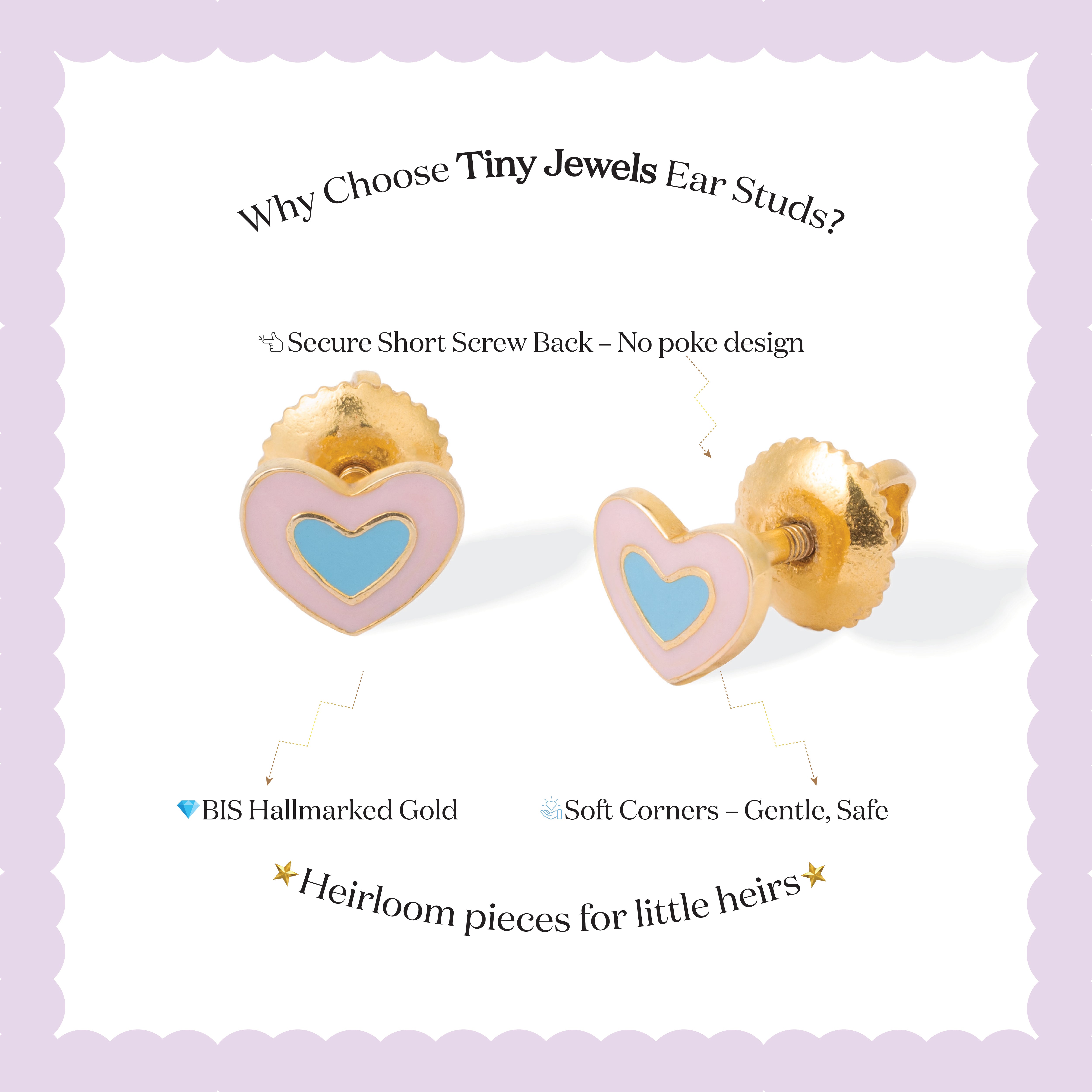 Tiny Jewels heart-shaped earrings with gold and pink details on a white background with text about Tiny Jewels ear studs.