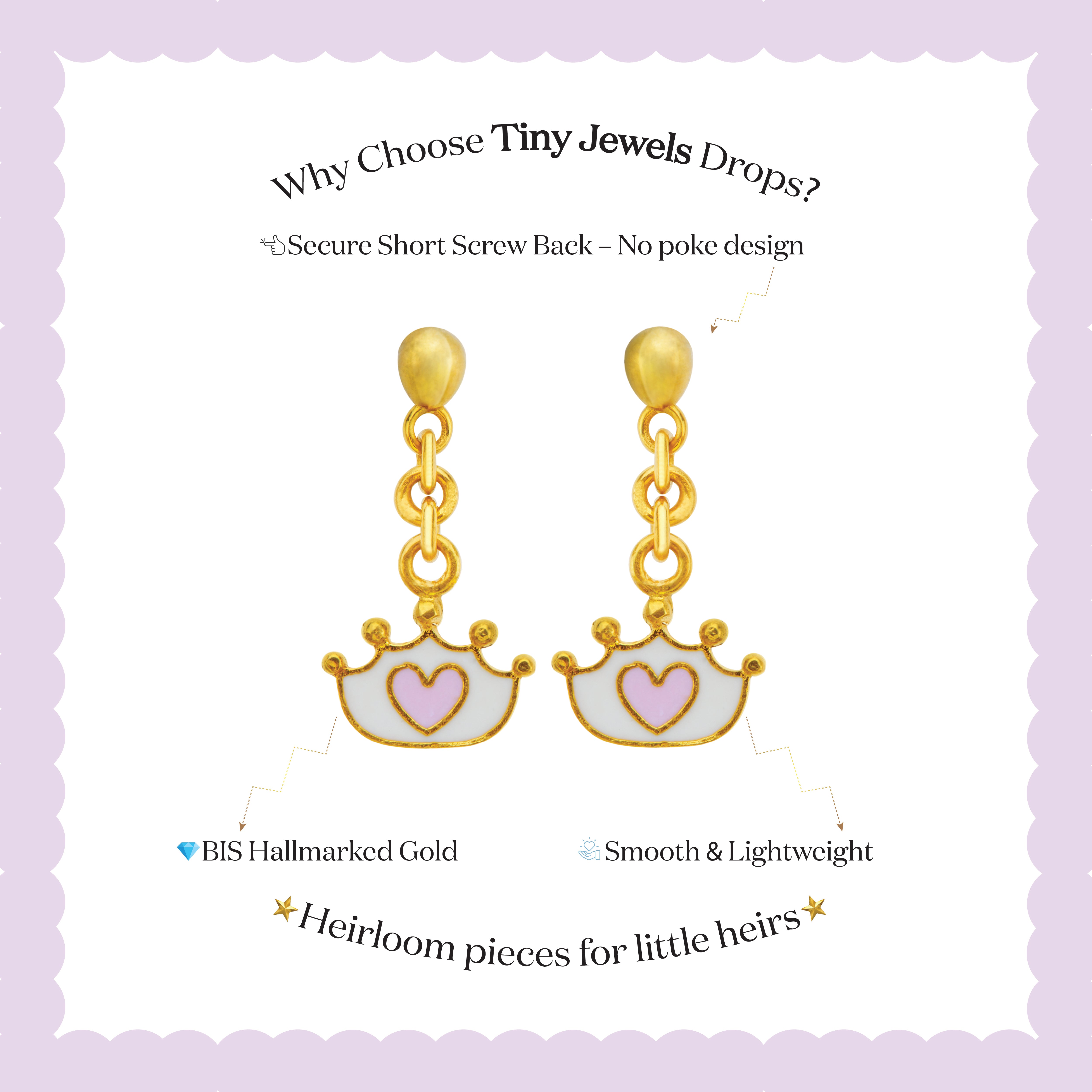 Tiny Jewels gold earrings with heart designs on a purple background, featuring text about 'Tiny Jewels Drops'.