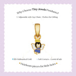Tiny Jewels gold angel pendant with text on a light purple background