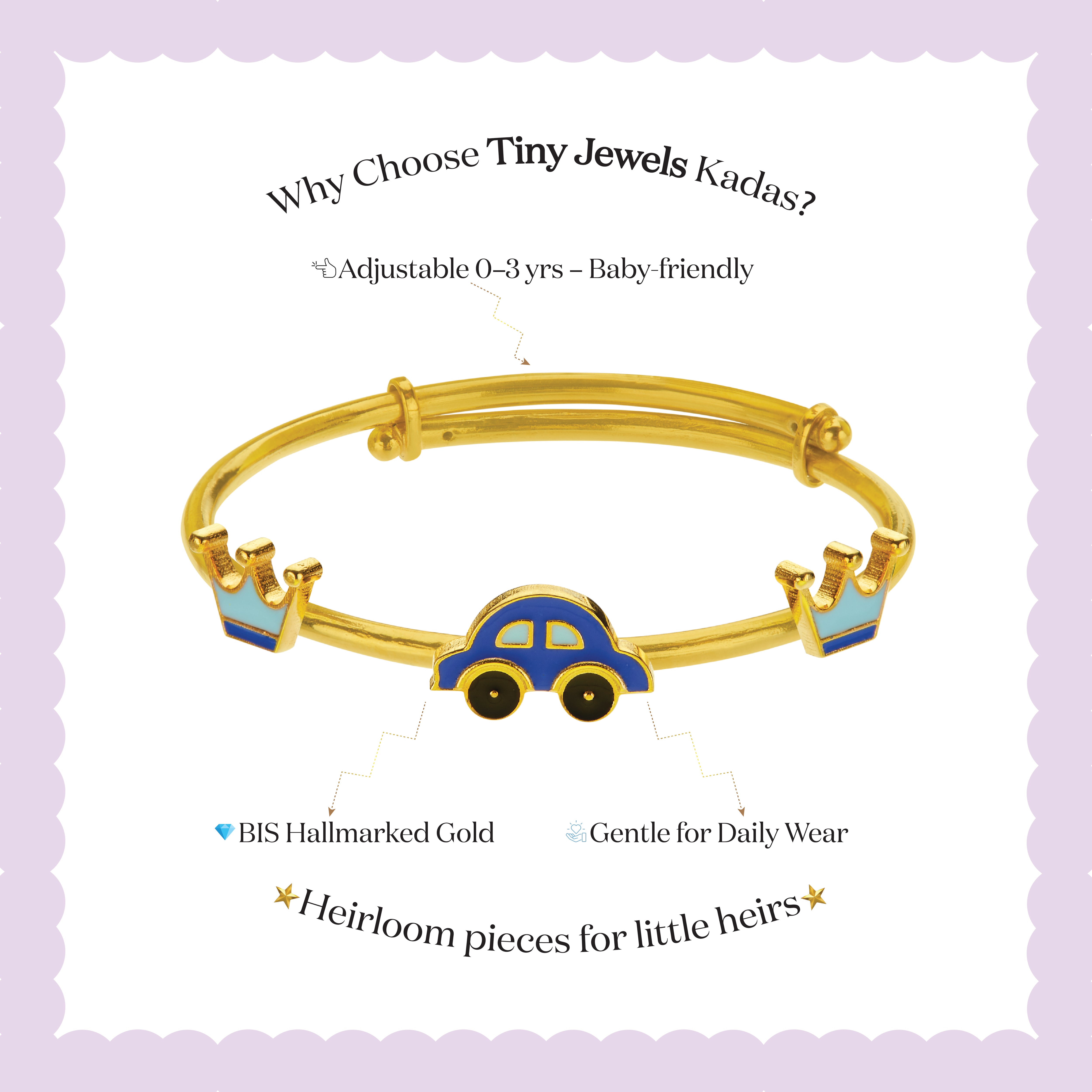 Tiny Jewels gold children's bracelet with car and crown design on a purple background
