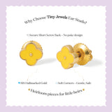 Tiny Jewels gold and yellow flower-shaped ear studs with text on a light purple background