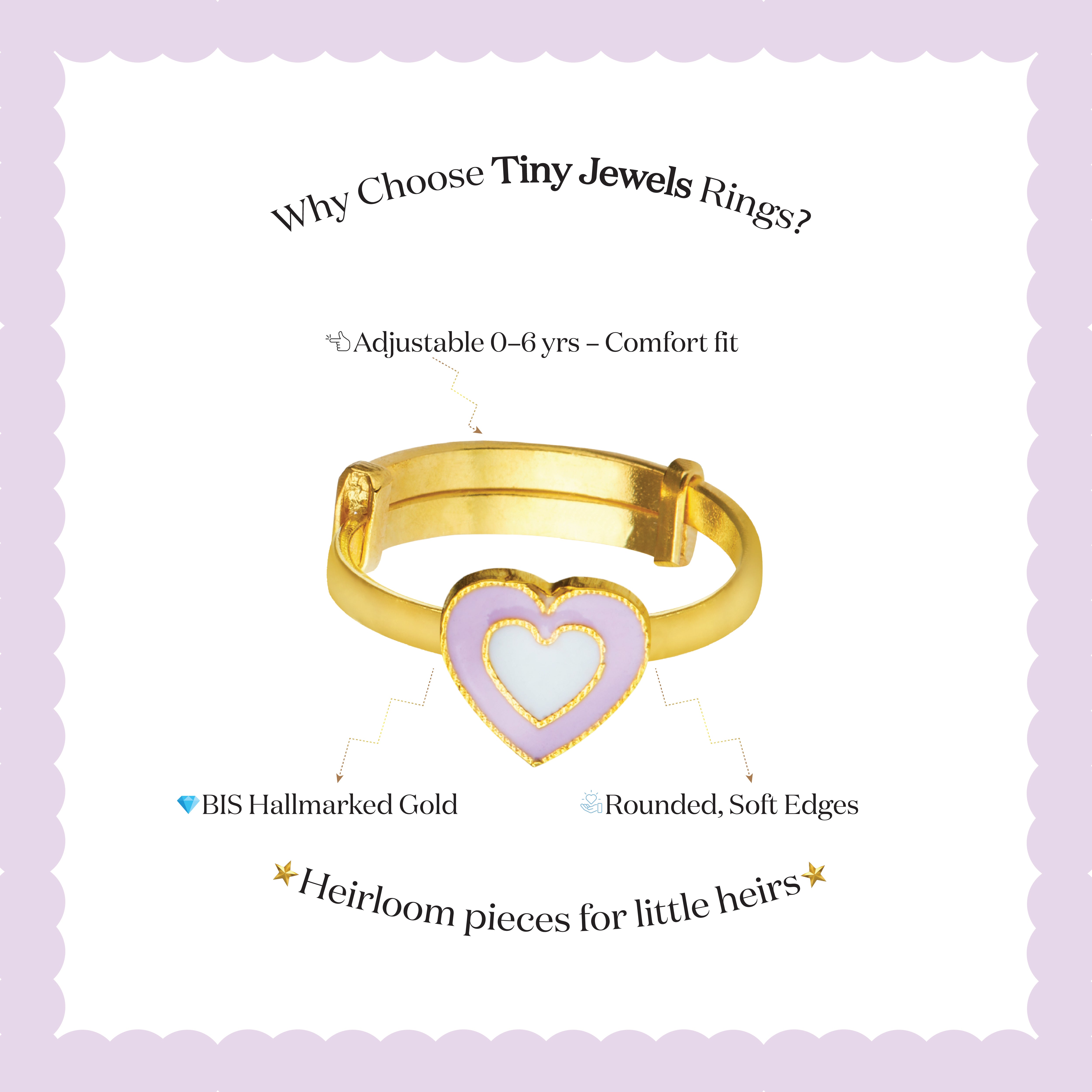 Tiny Jewels gold ring with a heart-shaped design on a light purple background