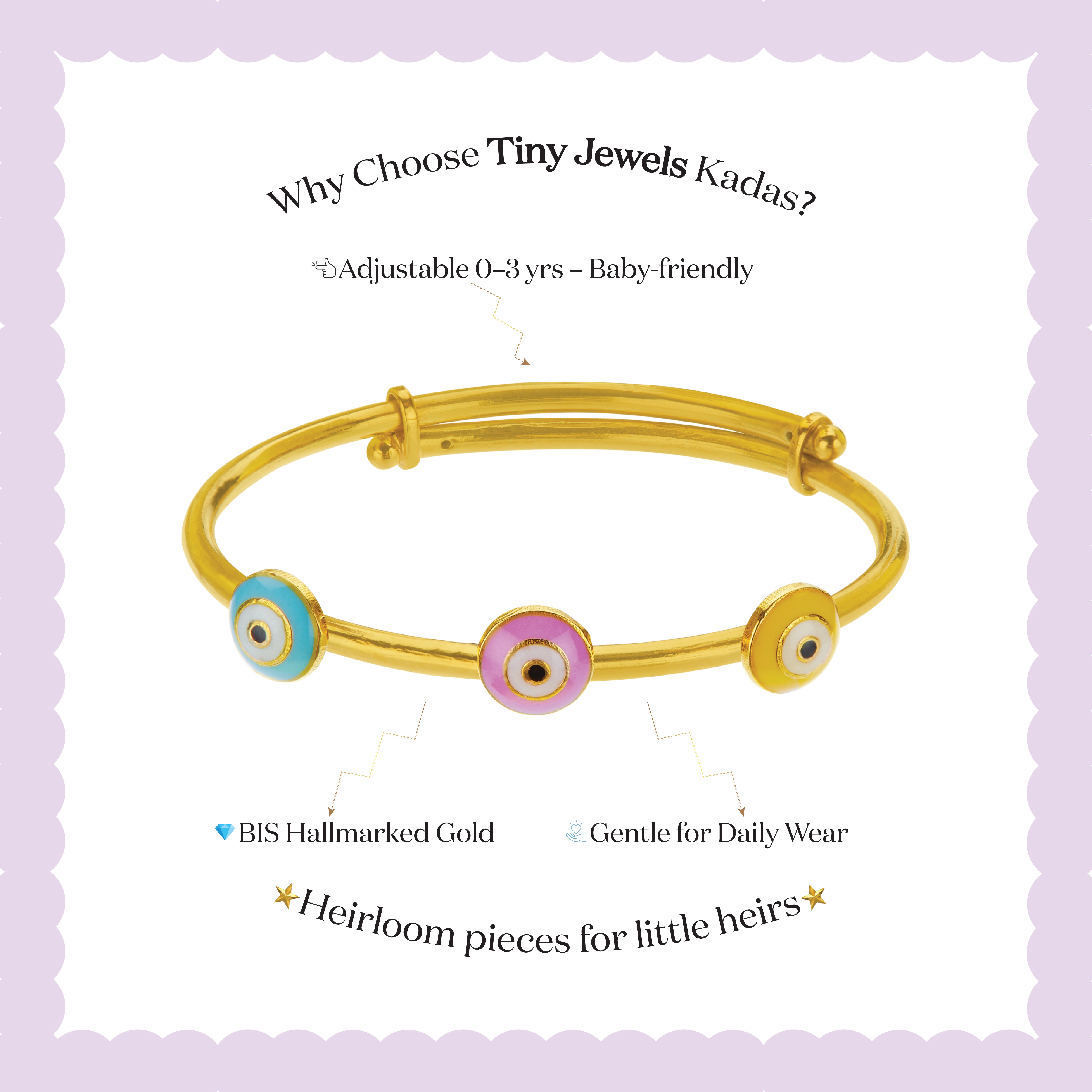 Tiny Jewels gold bracelet with colorful beads on a light purple background, featuring text about Tiny Jewels Kadas.