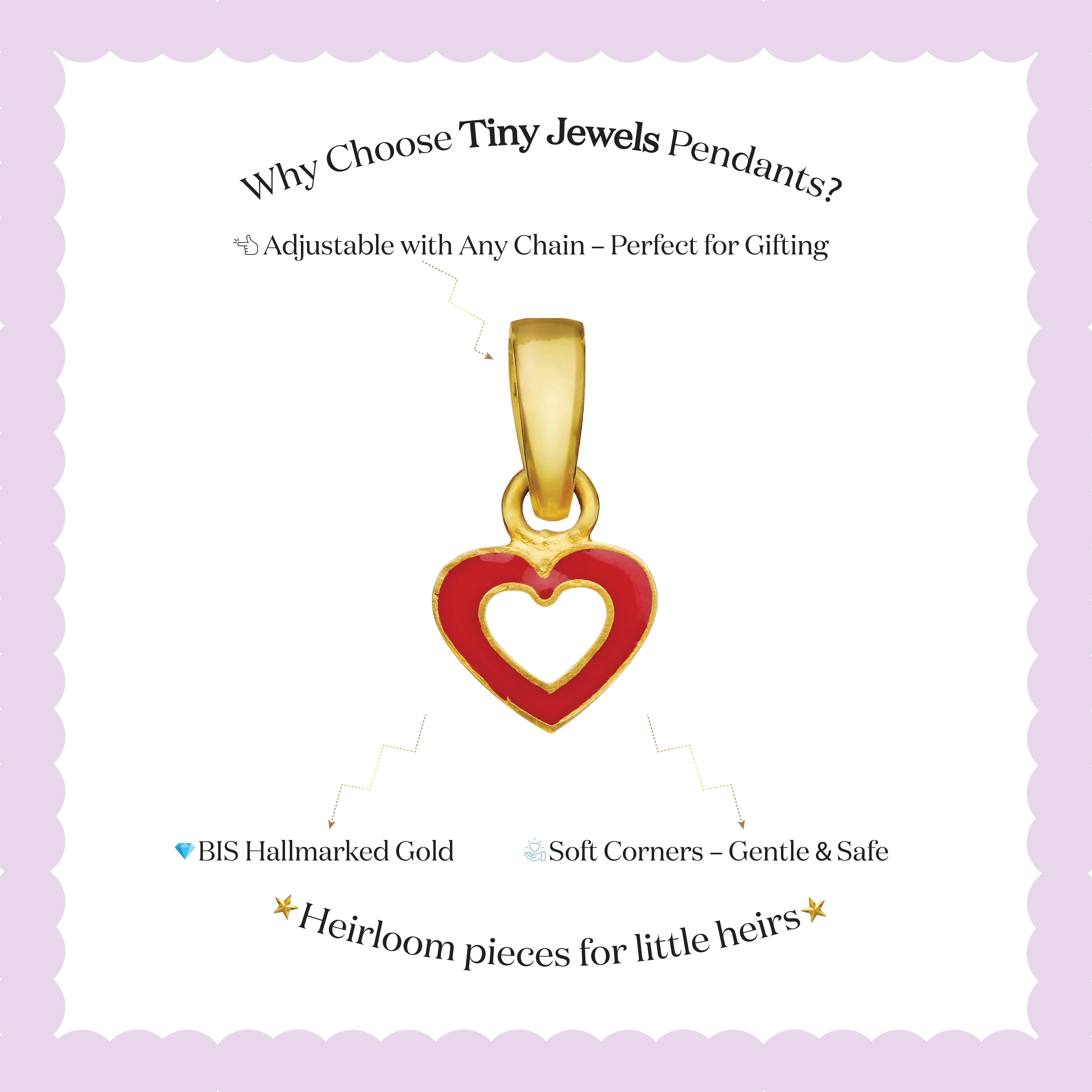 Tiny Jewels Gold and red heart-shaped pendant on a white card with text about Tiny Jewels Pendants.