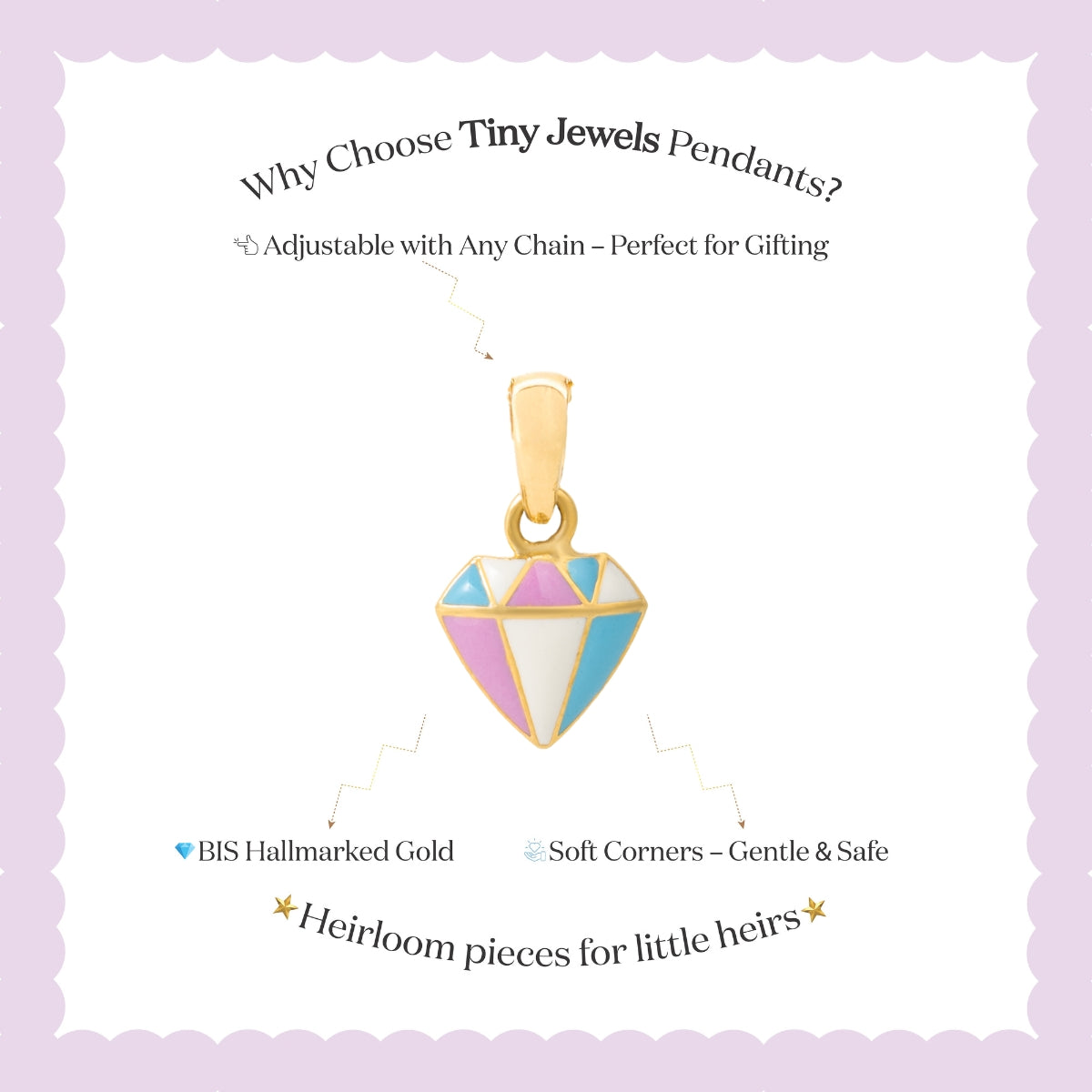 Tiny Jewels colorful gemstone pendant on a white card with text about Tiny Jewels Pendants.