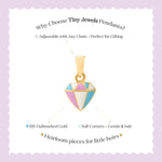 Tiny Jewels colorful gemstone pendant on a white card with text about Tiny Jewels Pendants.