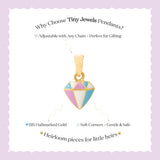 Tiny Jewels colorful gemstone pendant on a white card with text about Tiny Jewels Pendants.