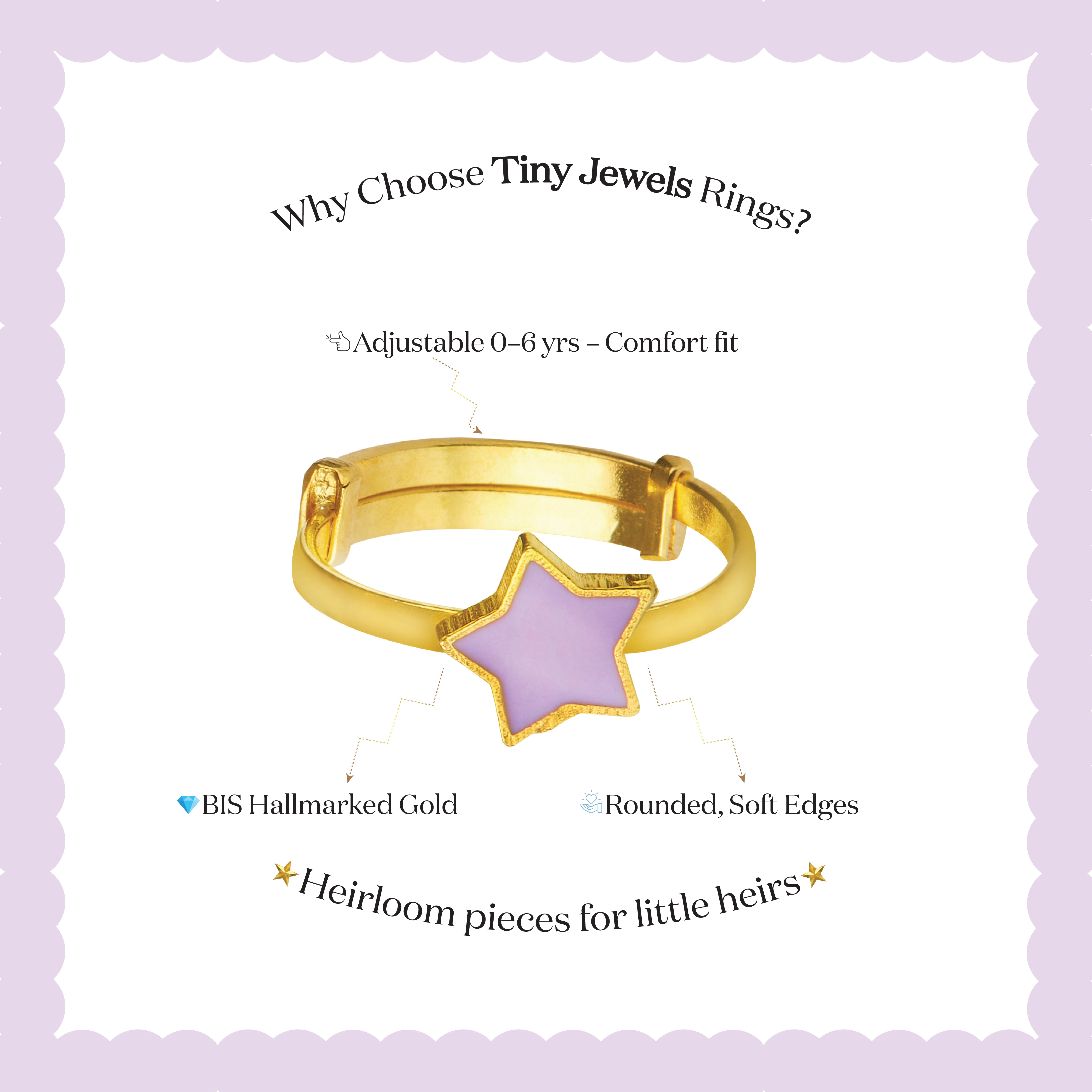 Tiny Jewels gold ring with a purple star-shaped stone on a light purple background with text about the ring's features.