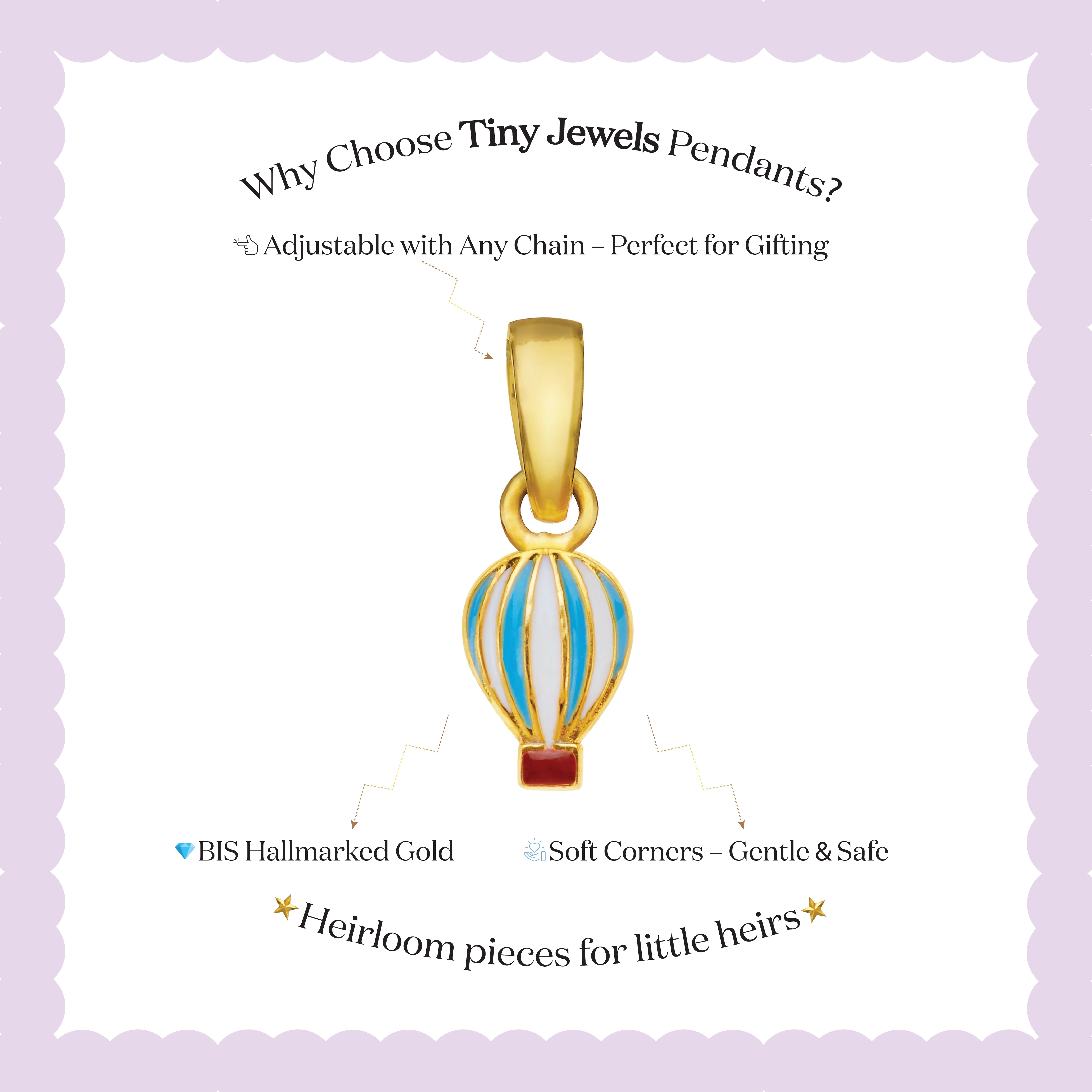 Tiny Jewels Gold hot air balloon pendant with text on a light purple background