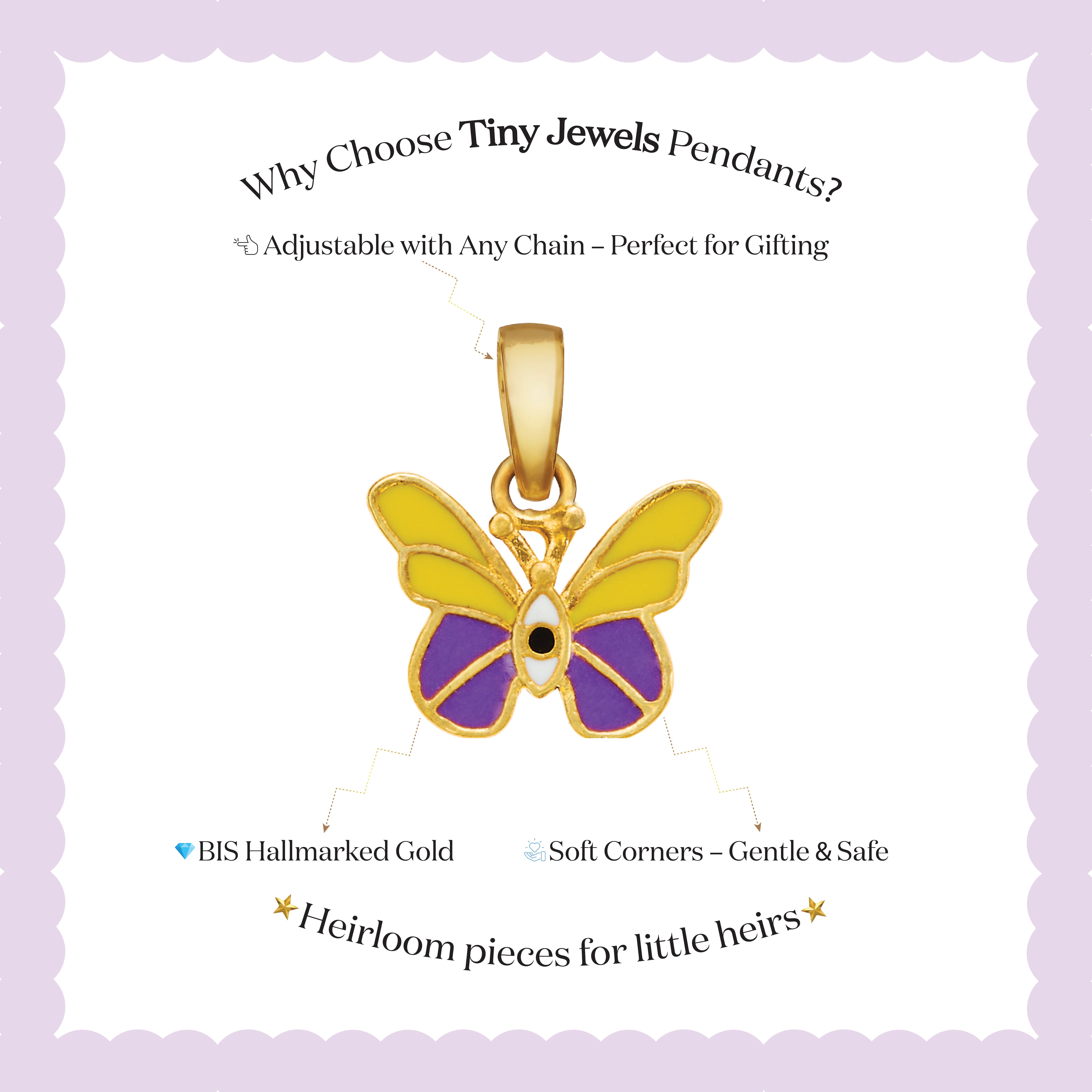 Tiny Jewels Gold butterfly pendant with purple center on a light purple background