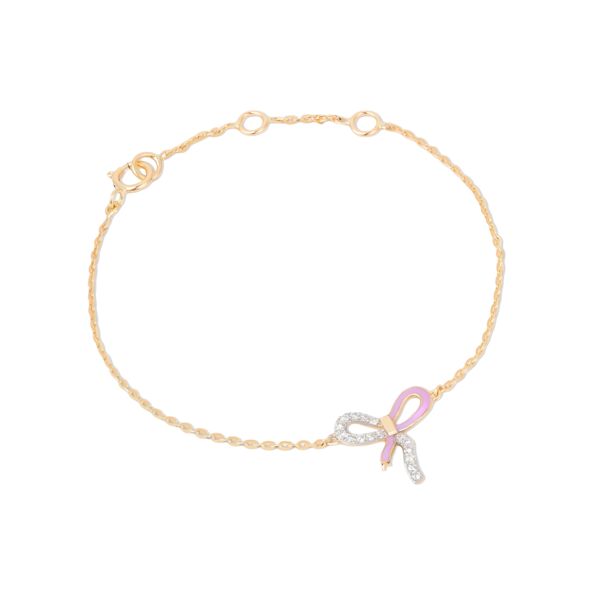 Tiny Jewels gold bracelet with a pink bow charm on a white background