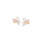 Tiny Jewels pair of bow-shaped earrings with pink centers on a white background