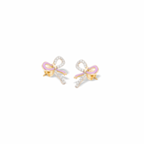 Tiny Jewels pair of bow-shaped earrings with pink centers on a white background