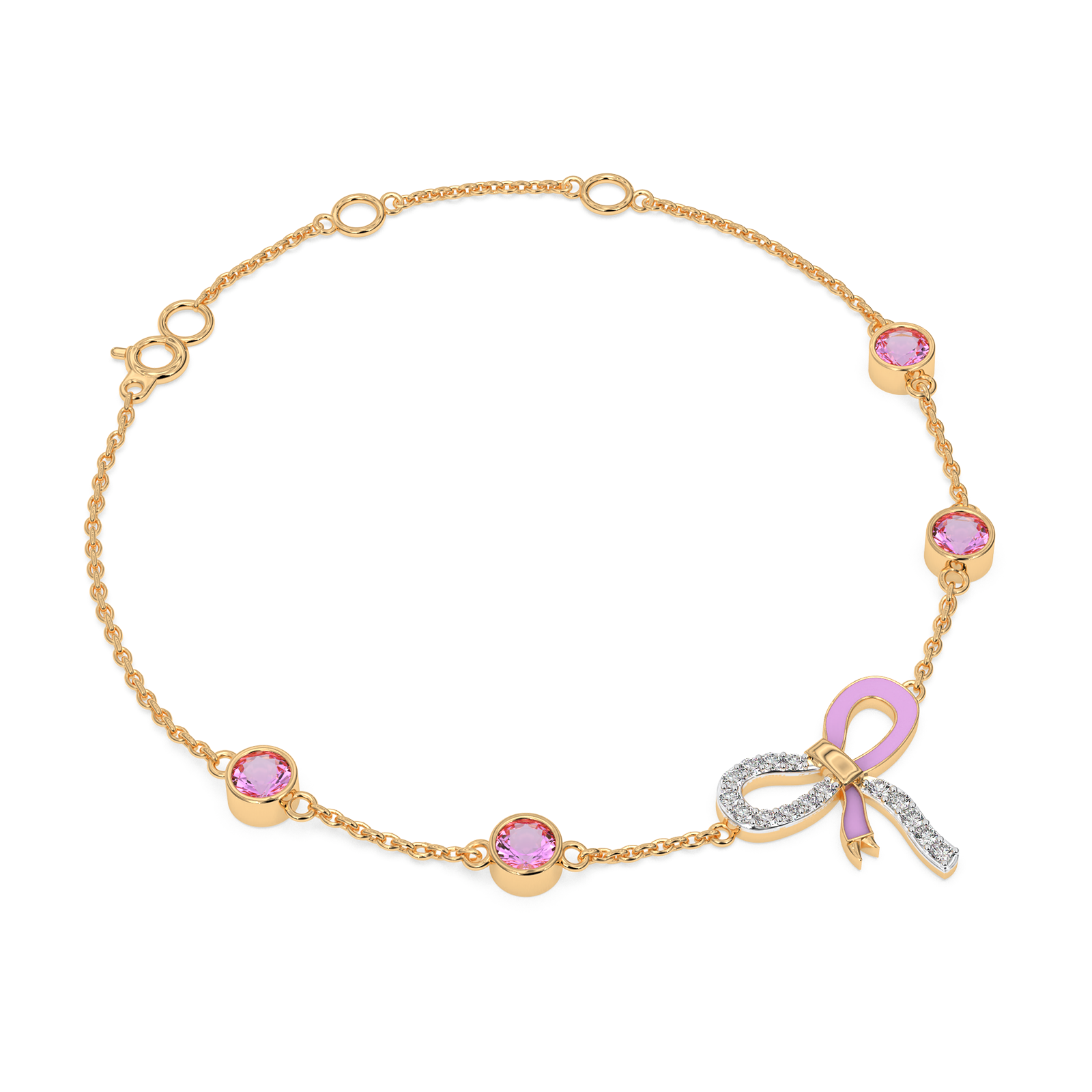 Gold chain anklet with pink gemstone accents and a pink-and-silver bow charm, shown on a white background.