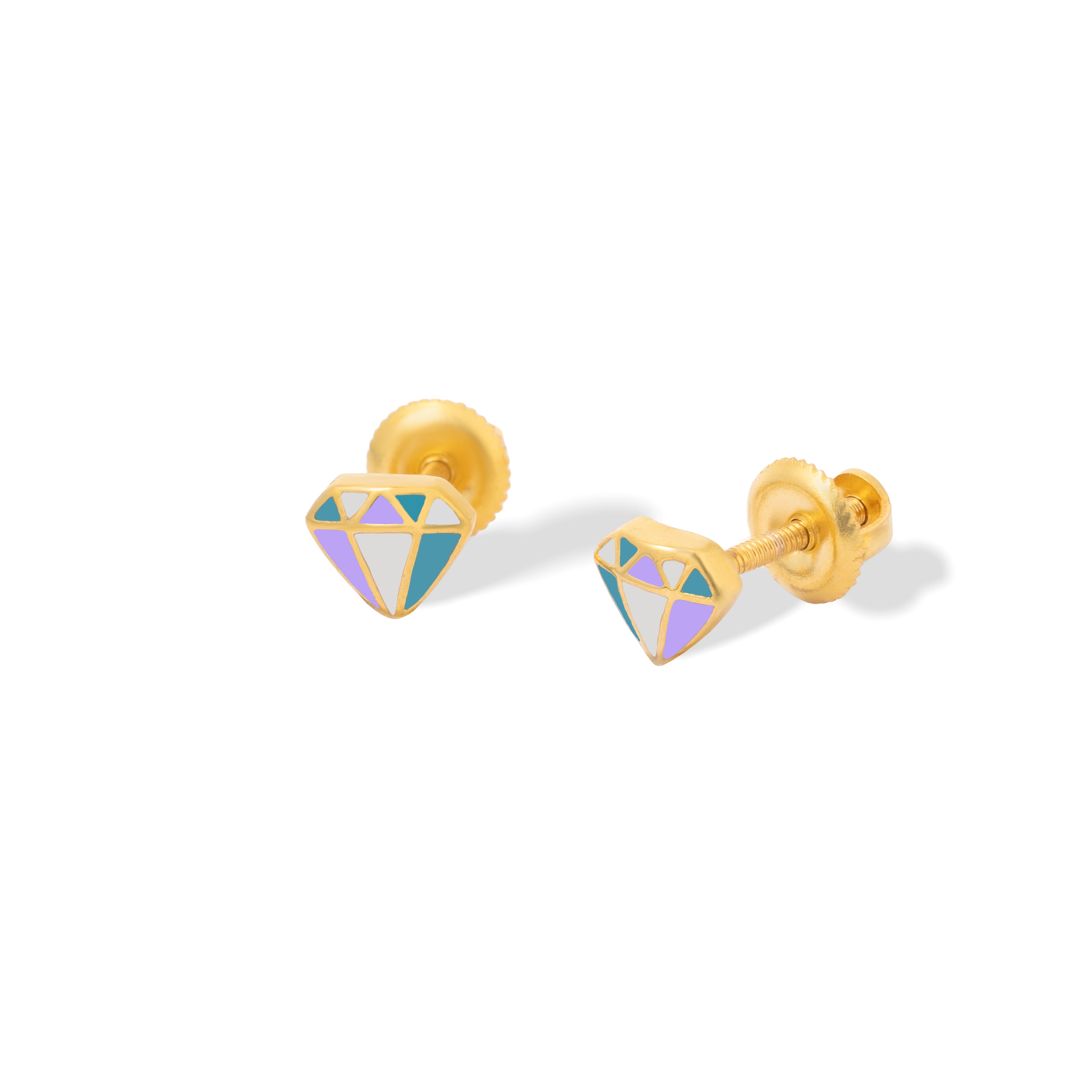 Tiny Jewels gold diamond-shaped earrings with colorful gemstones on a white background