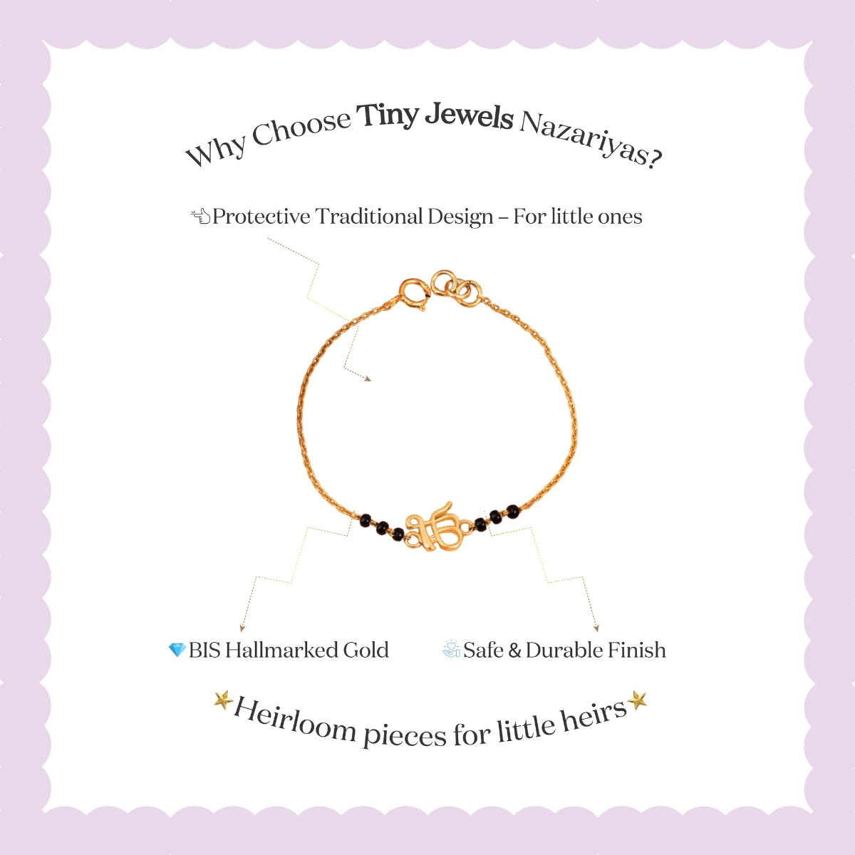 Tiny Jewels gold bracelet with black beads on a light purple background, featuring text about Tiny Jewels Nazariyas.