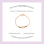 Tiny Jewels gold bracelet with black beads on a light purple background, featuring text about Tiny Jewels Nazariyas.