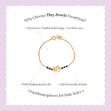 Tiny Jewels gold bracelet with black beads on a light purple background, featuring text about Tiny Jewels Nazariyas.