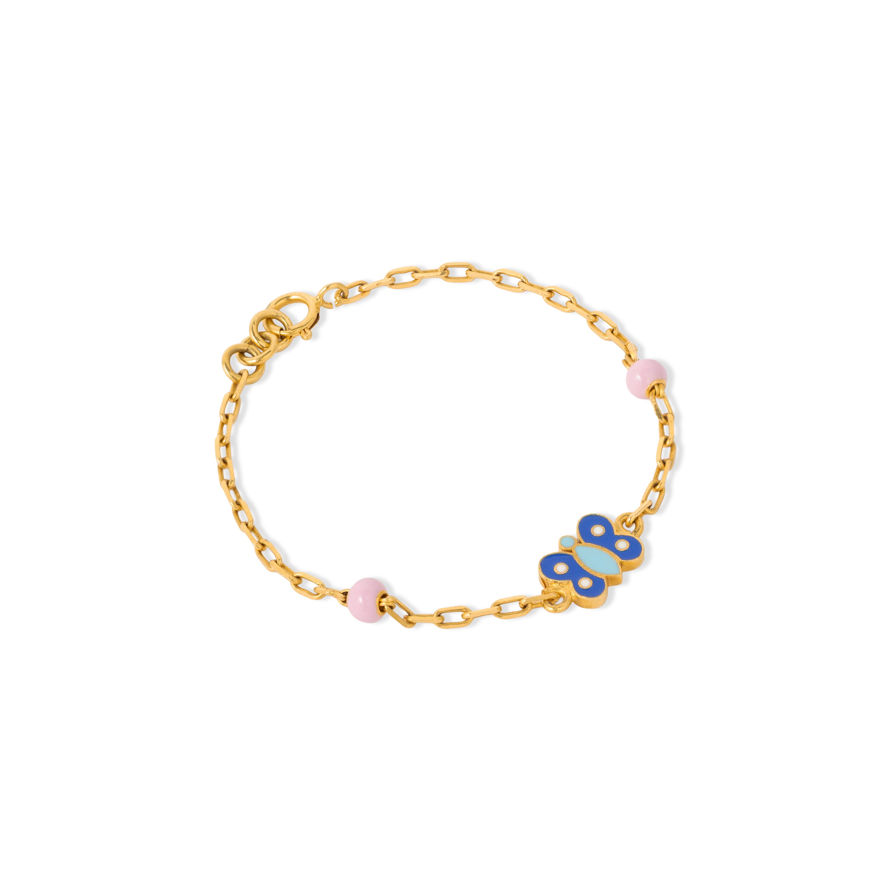 Tiny Jewels gold bracelet with a blue butterfly charm on a white background