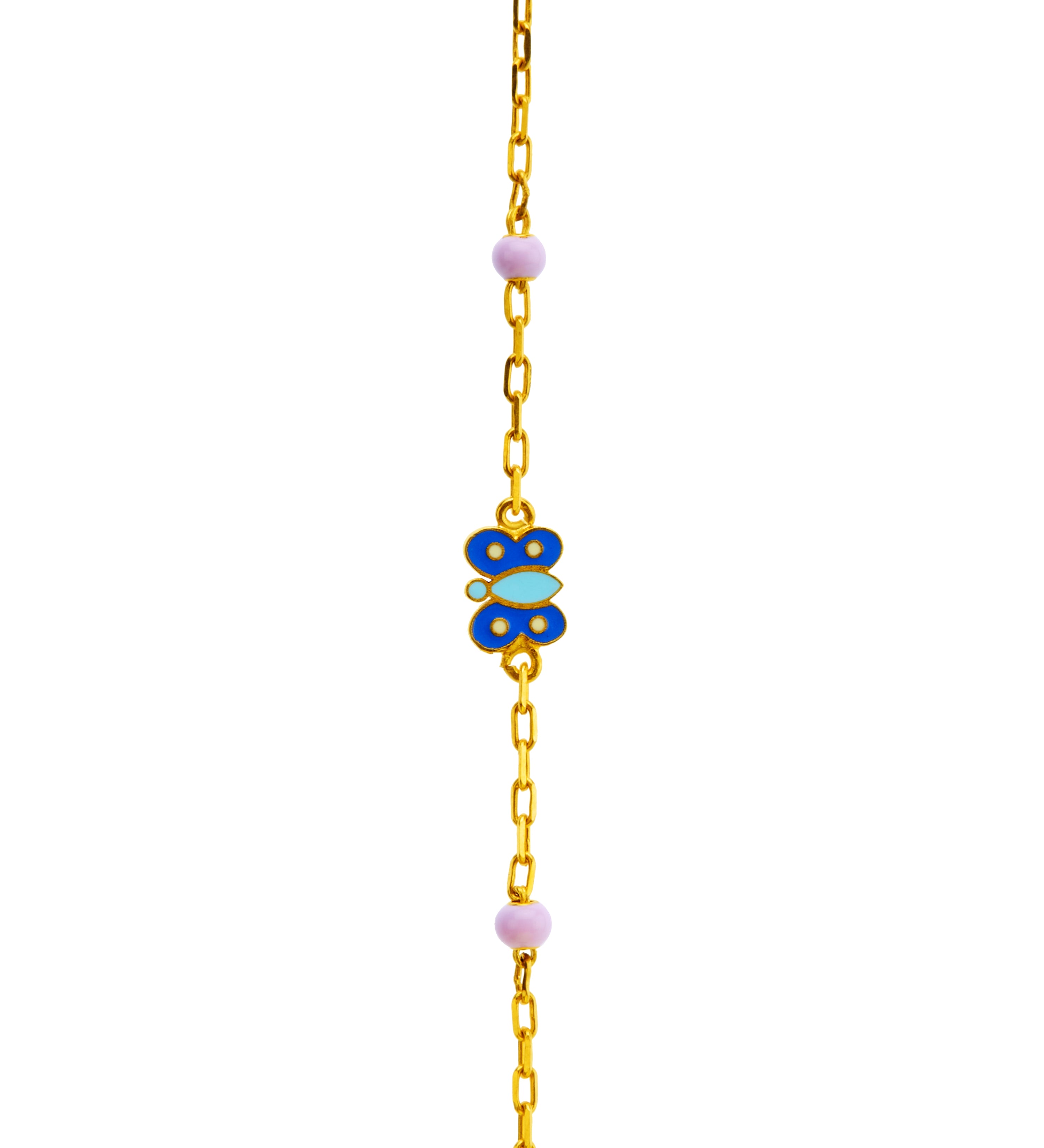 Tiny Jewels gold chain bracelet with blue butterfly charm on a white background