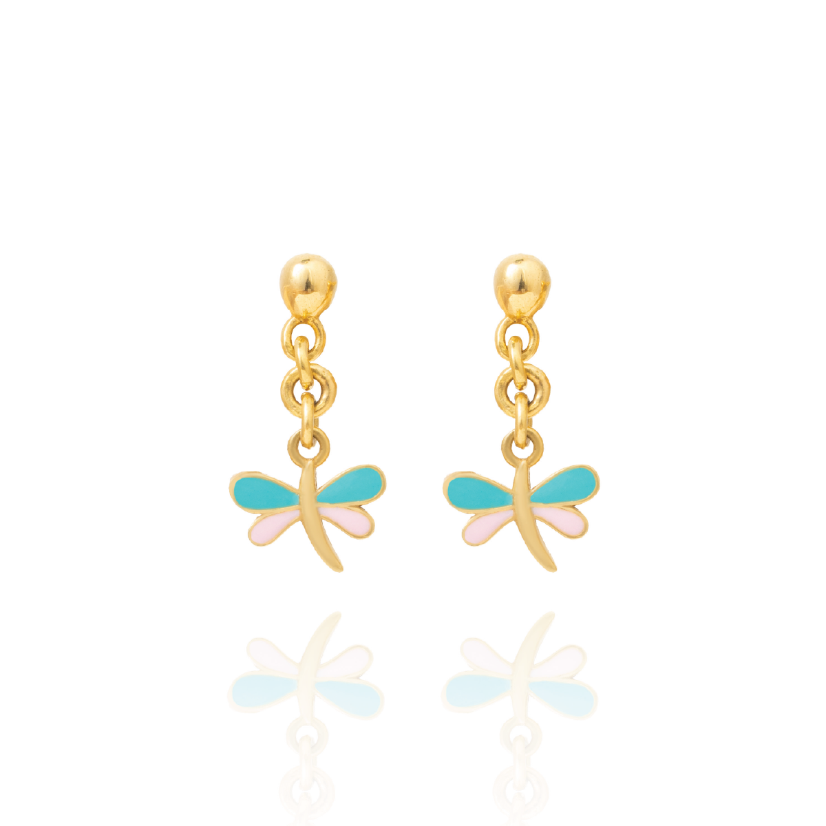 Tiny Jewels gold dragonfly earrings with turquoise wings and pink bodies on a white background
