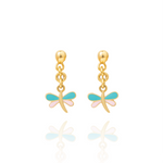 Tiny Jewels gold dragonfly earrings with turquoise wings and pink bodies on a white background