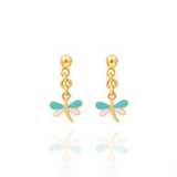 Tiny Jewels gold dragonfly earrings with turquoise wings and pink bodies on a white background