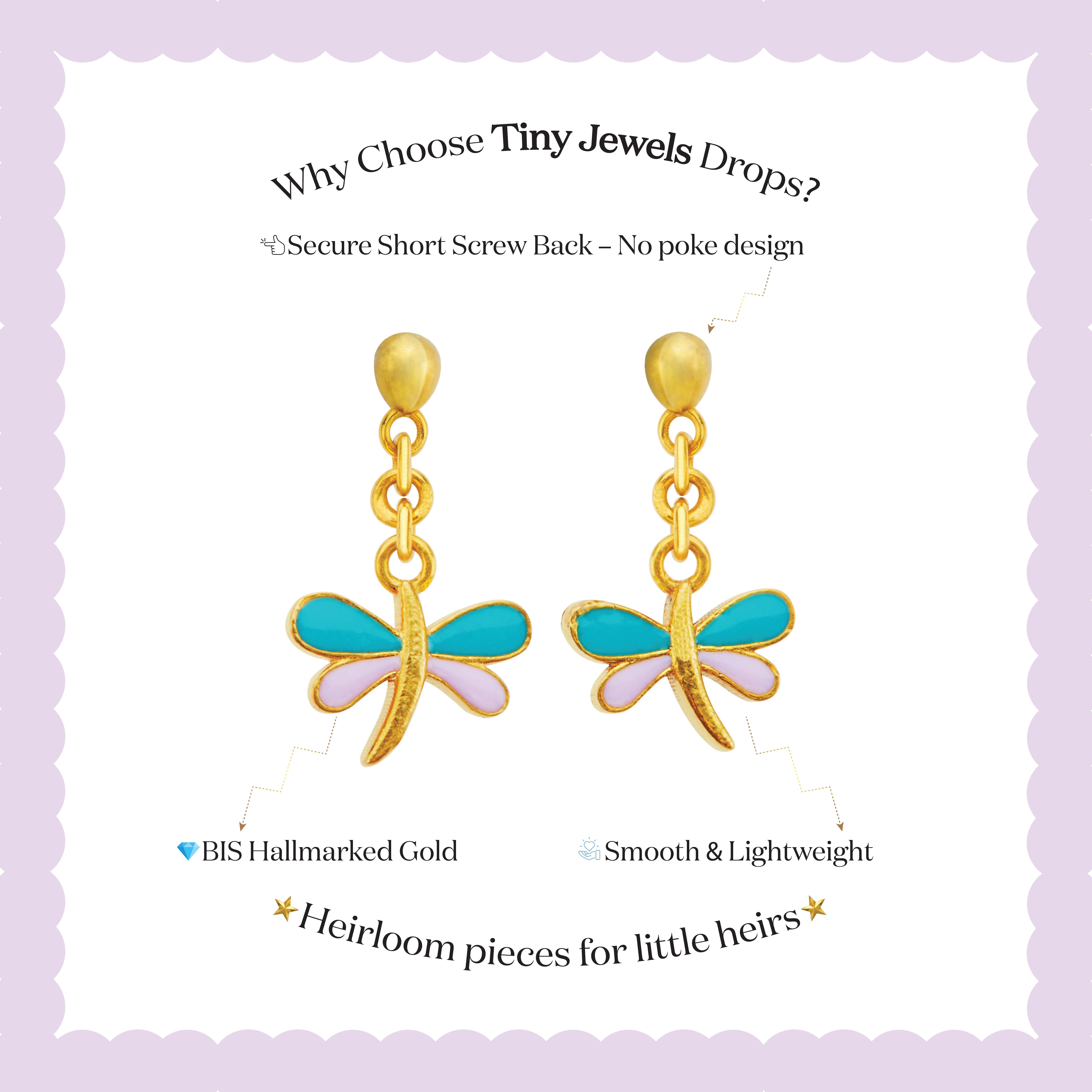Tiny Jewels gold dragonfly-shaped earrings with green and pink details on a white background.