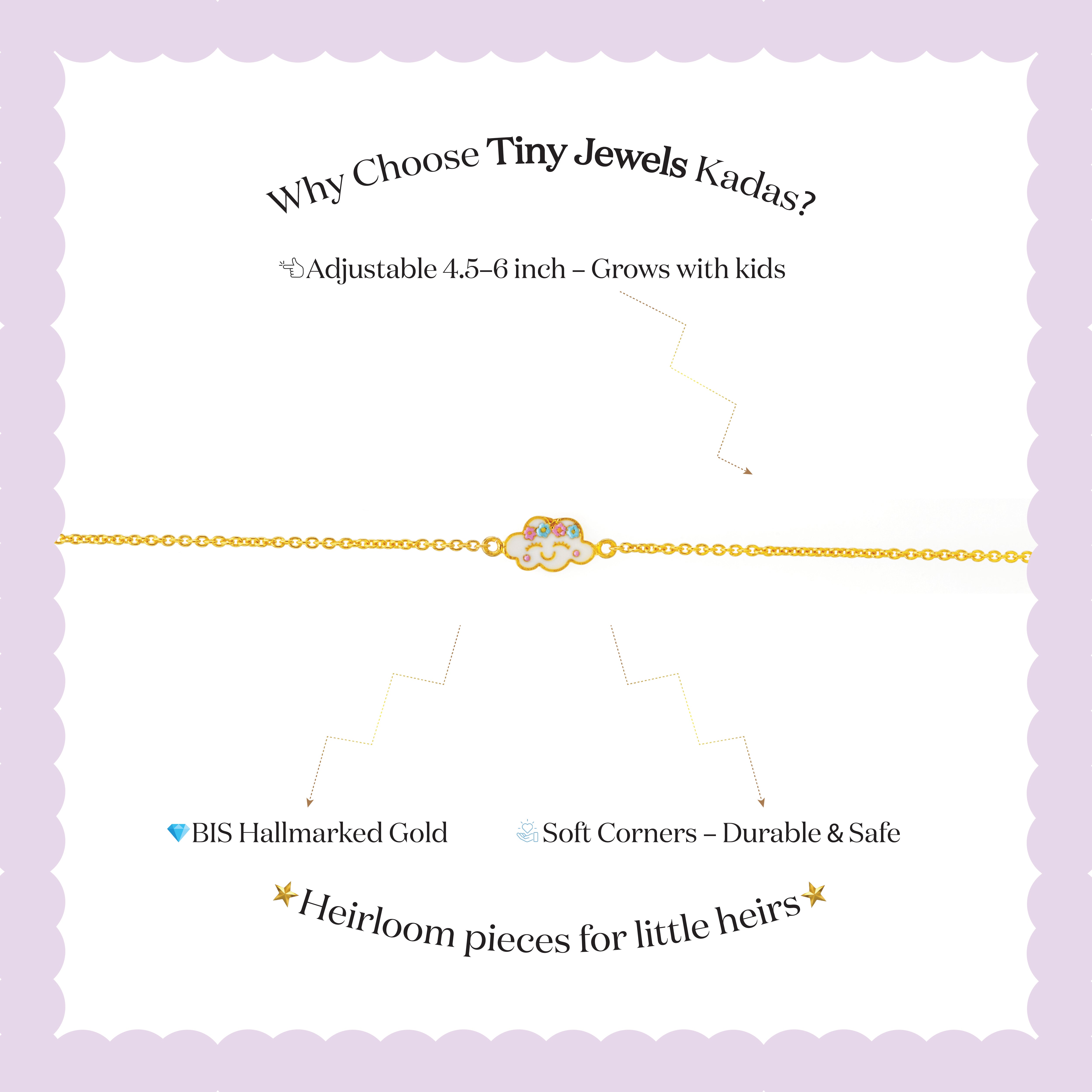 Tiny Jewels gold bracelet with text on a white background