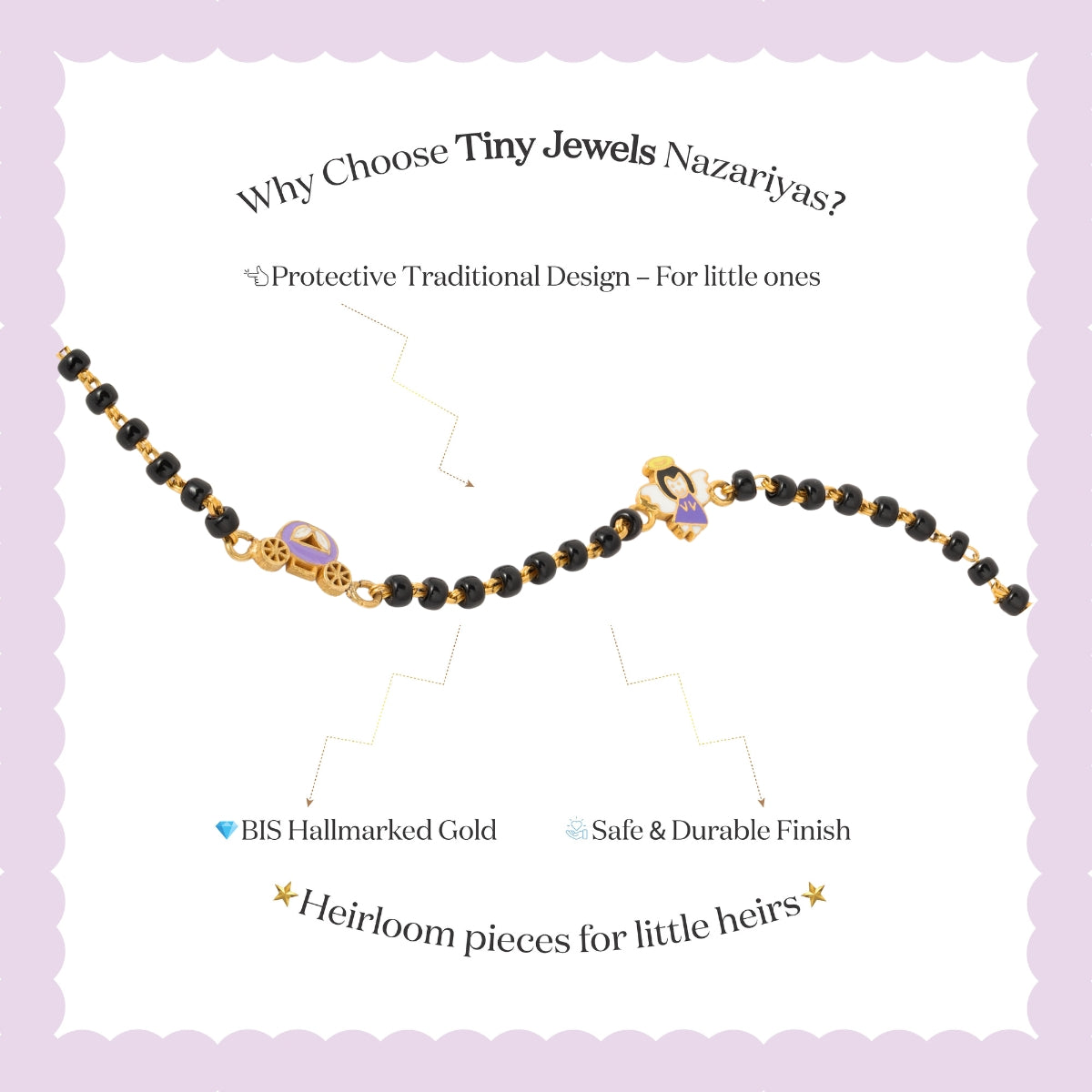 Tiny Jewels children's necklace with black beads and gold accents on a light purple background, featuring text about Tiny Jewels Nazariyas.