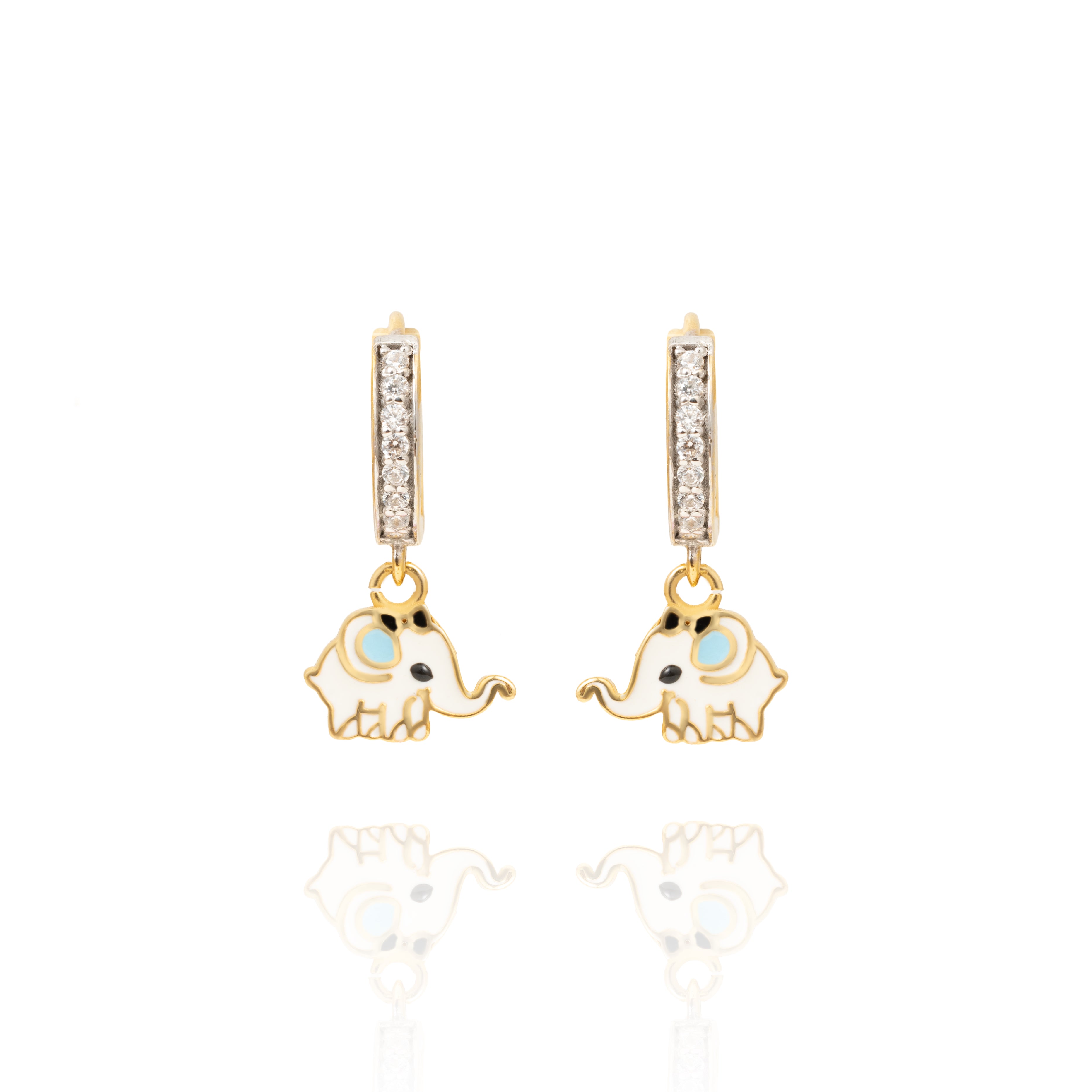 Tiny Jewels gold elephant earrings with diamond accents on a white background