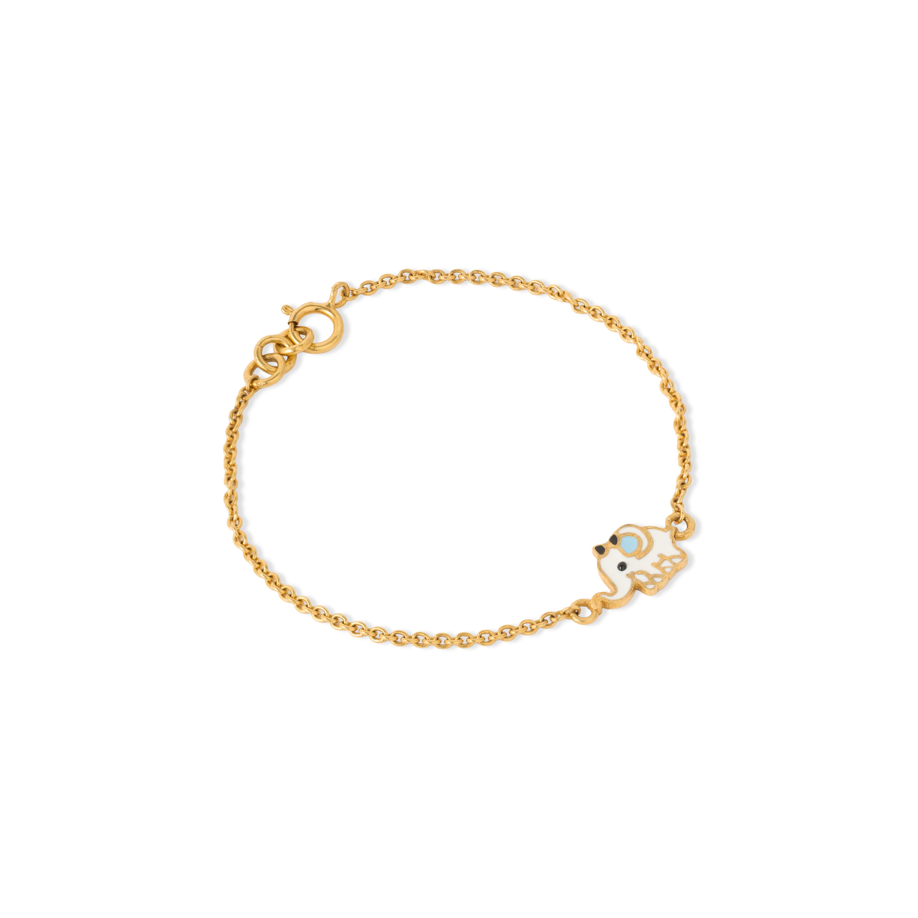 Tiny Jewels gold bracelet with a small owl charm on a white background