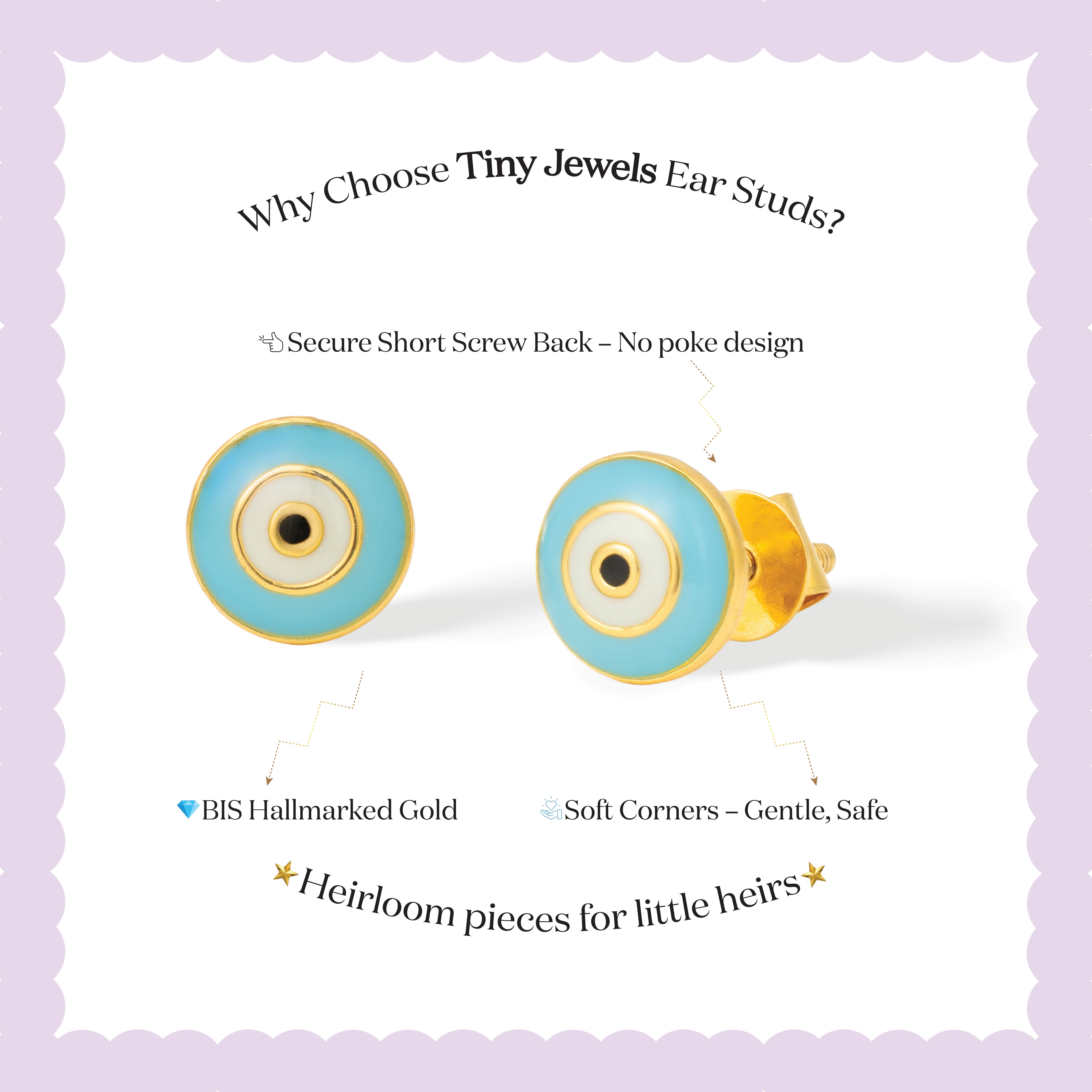 Tiny Jewels turquoise and gold eye-shaped earrings on a light purple background with text about the product.