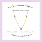 Tiny Jewels gold necklace with small round pendants on a light purple background, featuring text about the product.