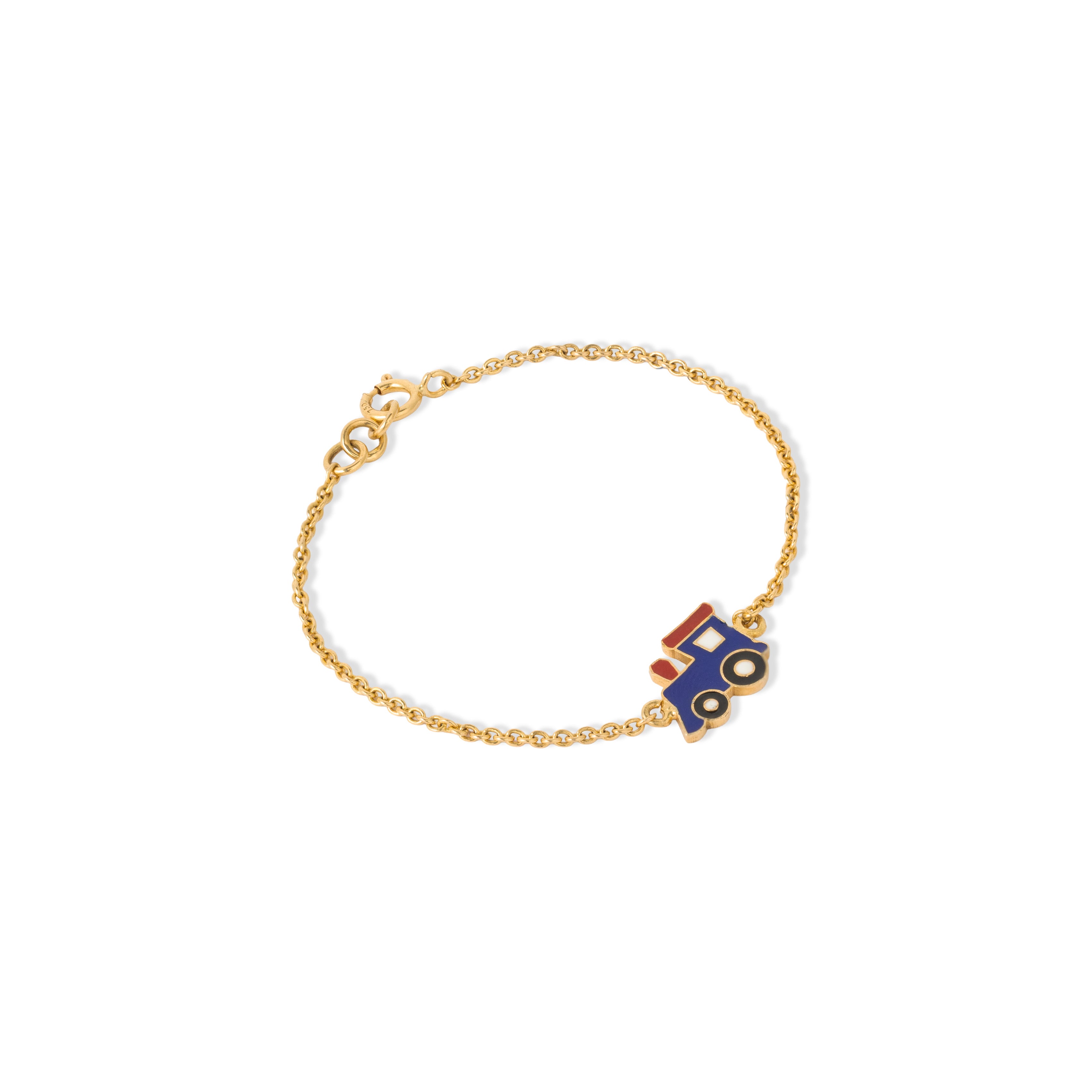 Tiny Jewels gold bracelet with a blue and red charm on a white background