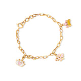 Tiny Jewels gold bracelet with pink and yellow charms on a white background