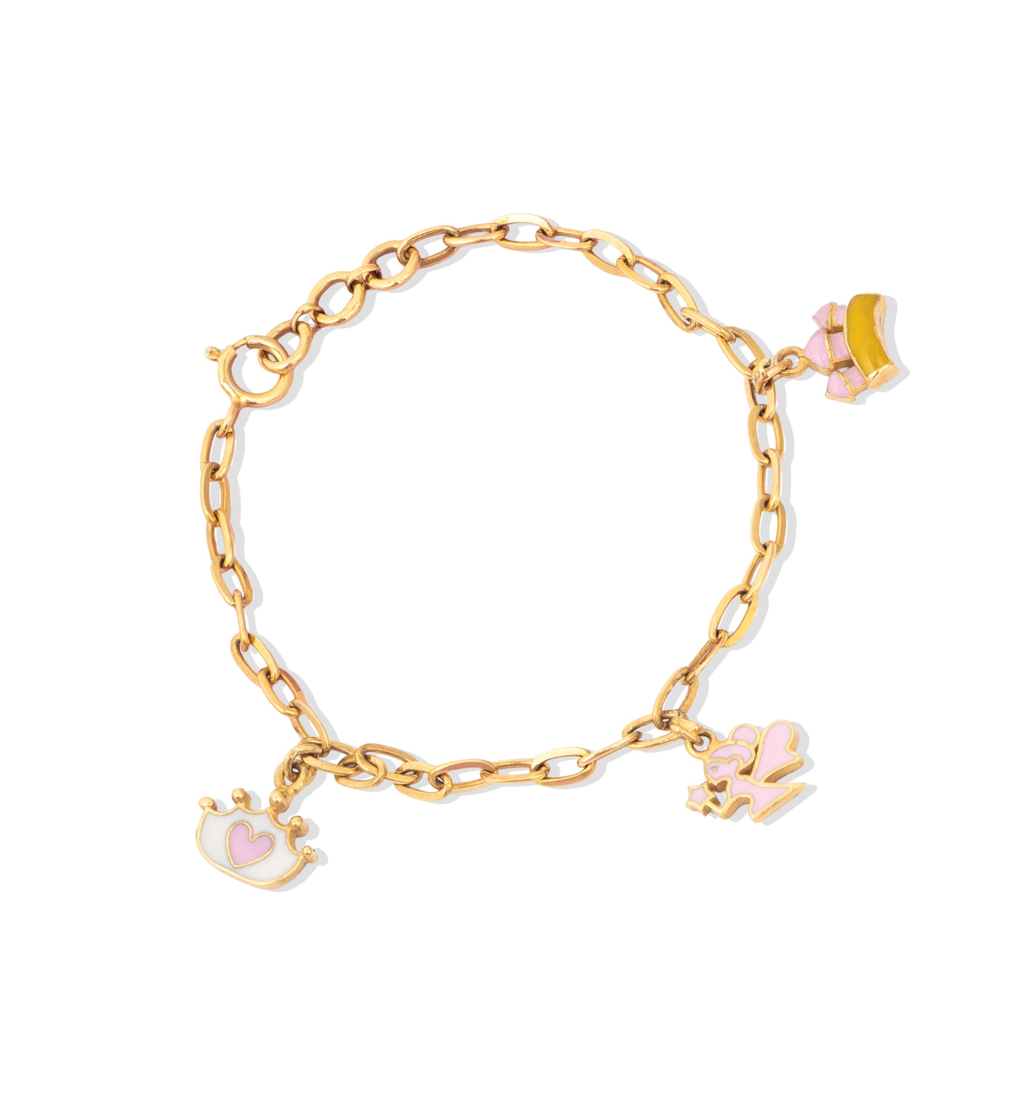 Tiny Jewels gold bracelet with pink and yellow charms on a white background
