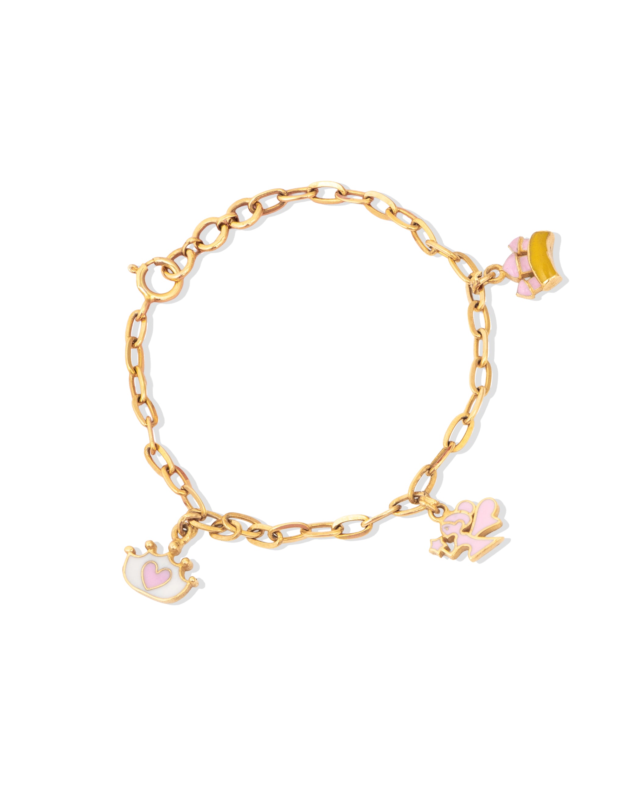 Tiny Jewels gold bracelet with pink and yellow charms on a white background