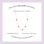 Tiny Jewels necklace with floral pendants on a light purple background, featuring text about the product.
