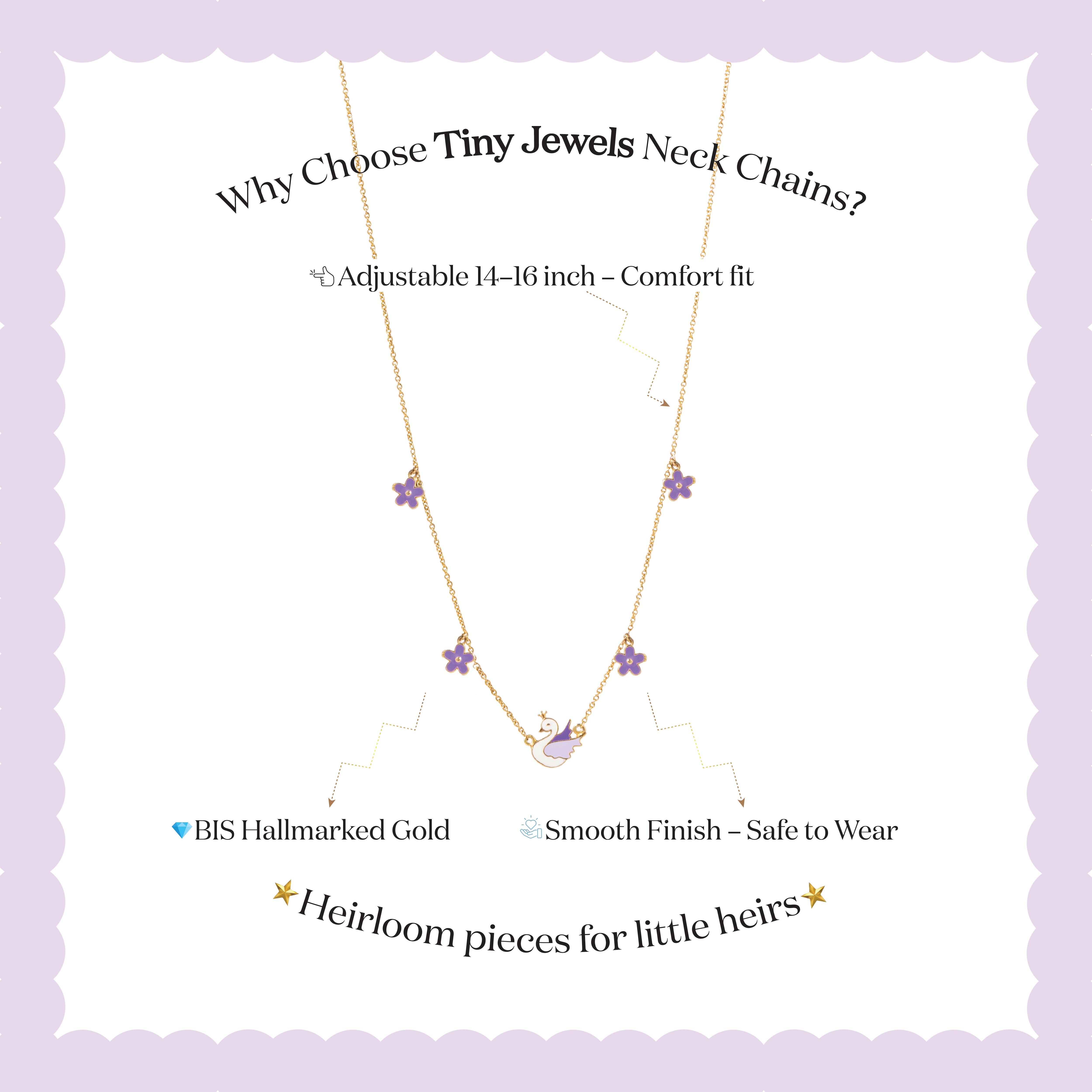 Tiny Jewels necklace with floral pendants on a light purple background, featuring text about the product.