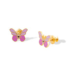 Tiny Jewels butterfly earrings with gold frames and pink wings on a white background