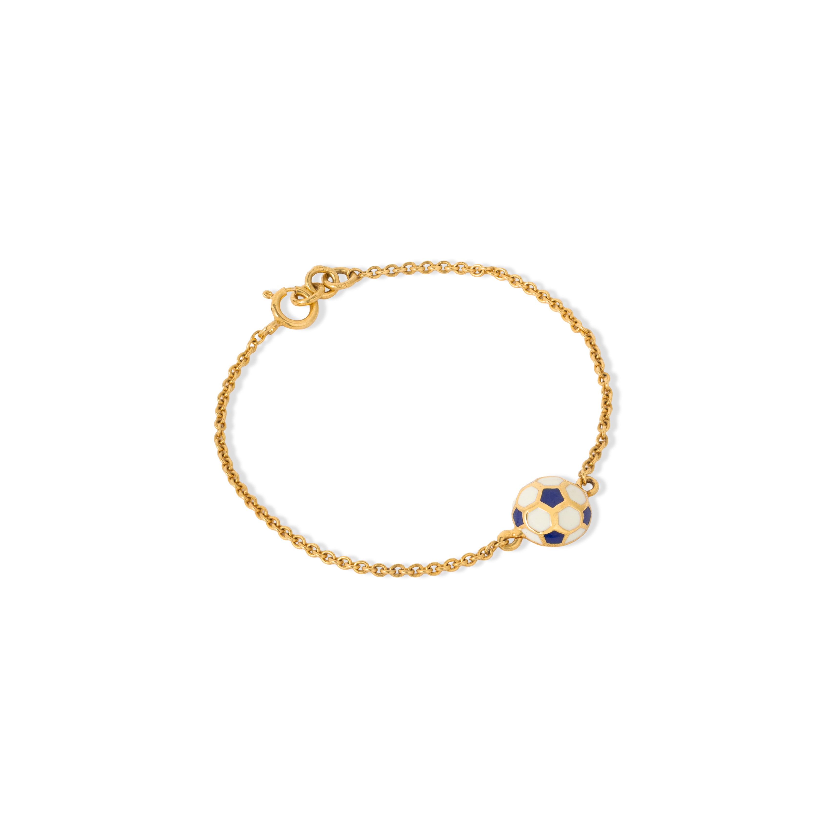 Tiny Jewels gold bracelet with a blue and white sphere charm on a white background