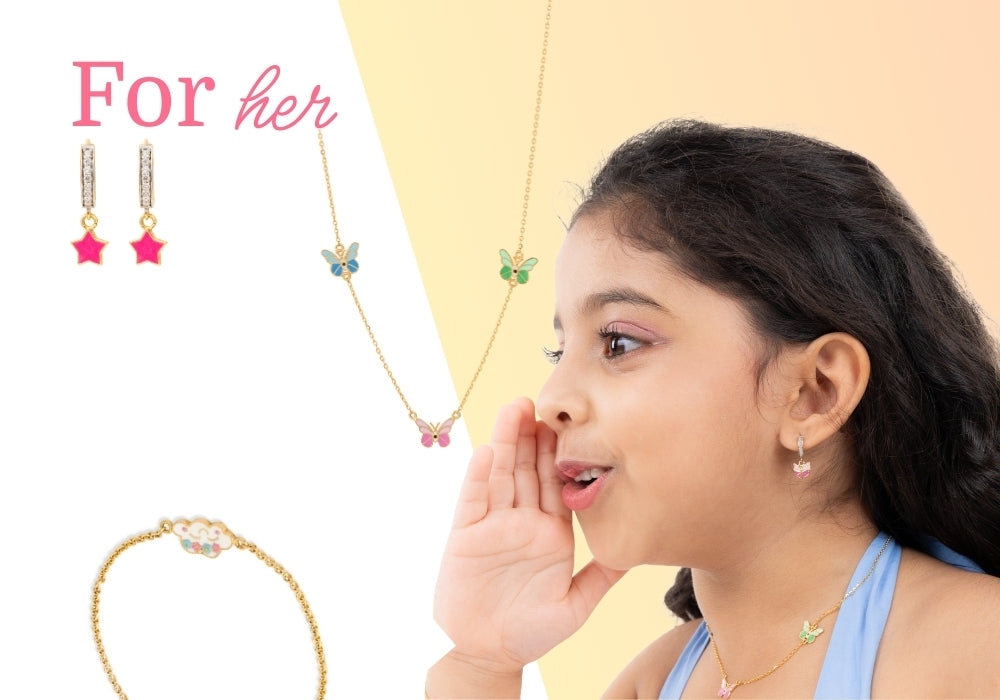 Tiny Jewels young girl with jewelry on a beige background, featuring earrings and necklaces.