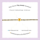 Tiny Jewels jewelry advertisement for Tiny Jewels Nazariyas with a gold and black beaded bracelet on a light purple background.