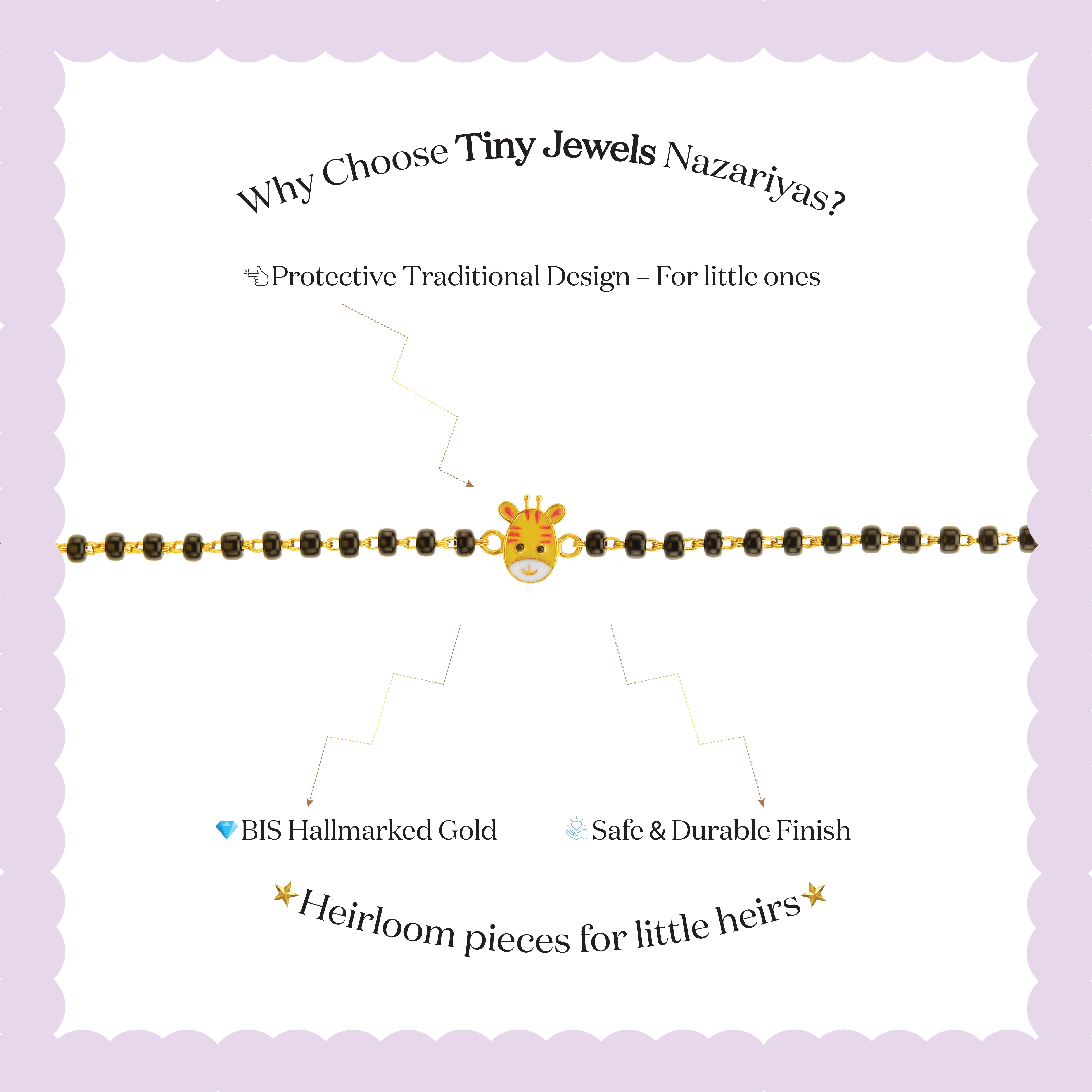 Tiny Jewels jewelry advertisement for Tiny Jewels Nazariyas with a gold and black beaded bracelet on a light purple background.