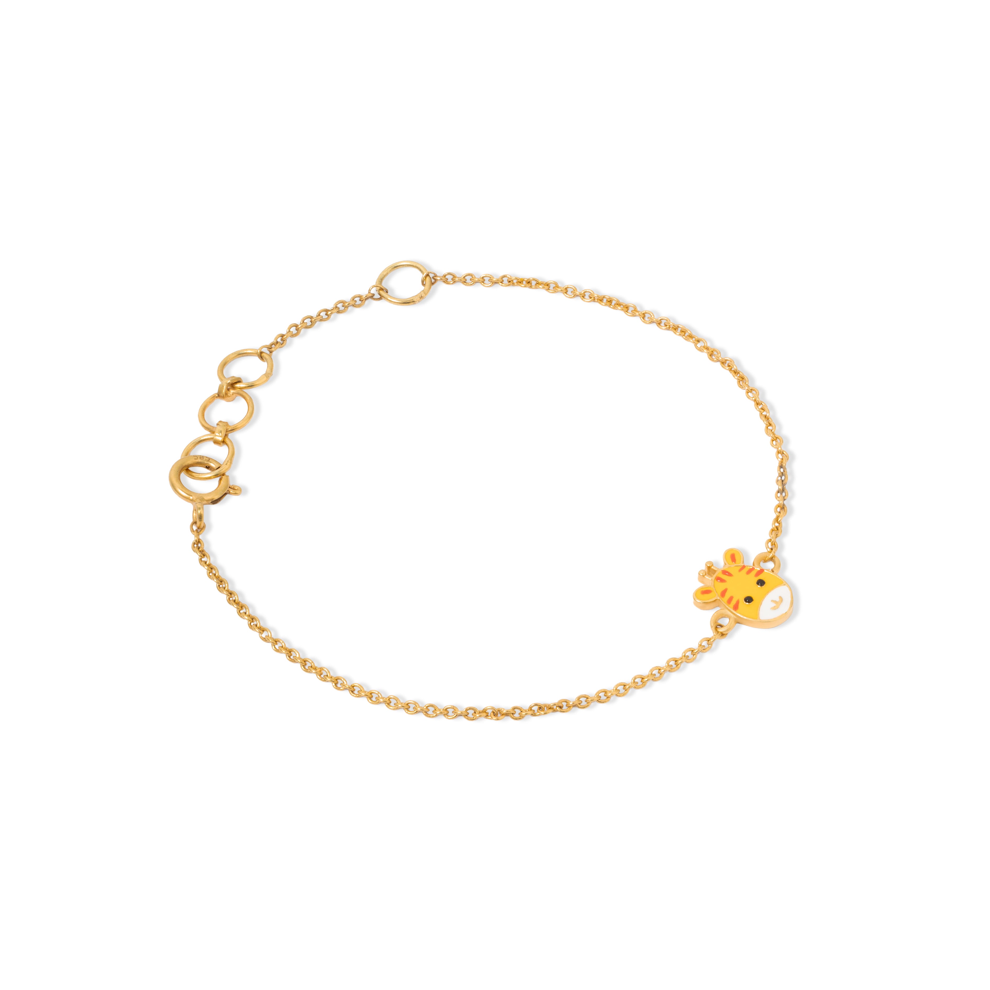 Tiny Jewels gold bracelet with a small yellow character charm on a white background