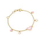 Tiny Jewels gold bracelet with pink heart charms on a white background