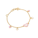 Tiny Jewels gold bracelet with pink heart charms on a white background